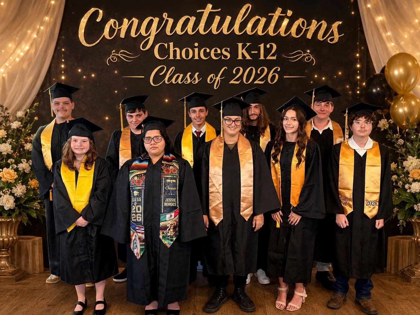 Choices Education Center graduating class standing together in cap and gown